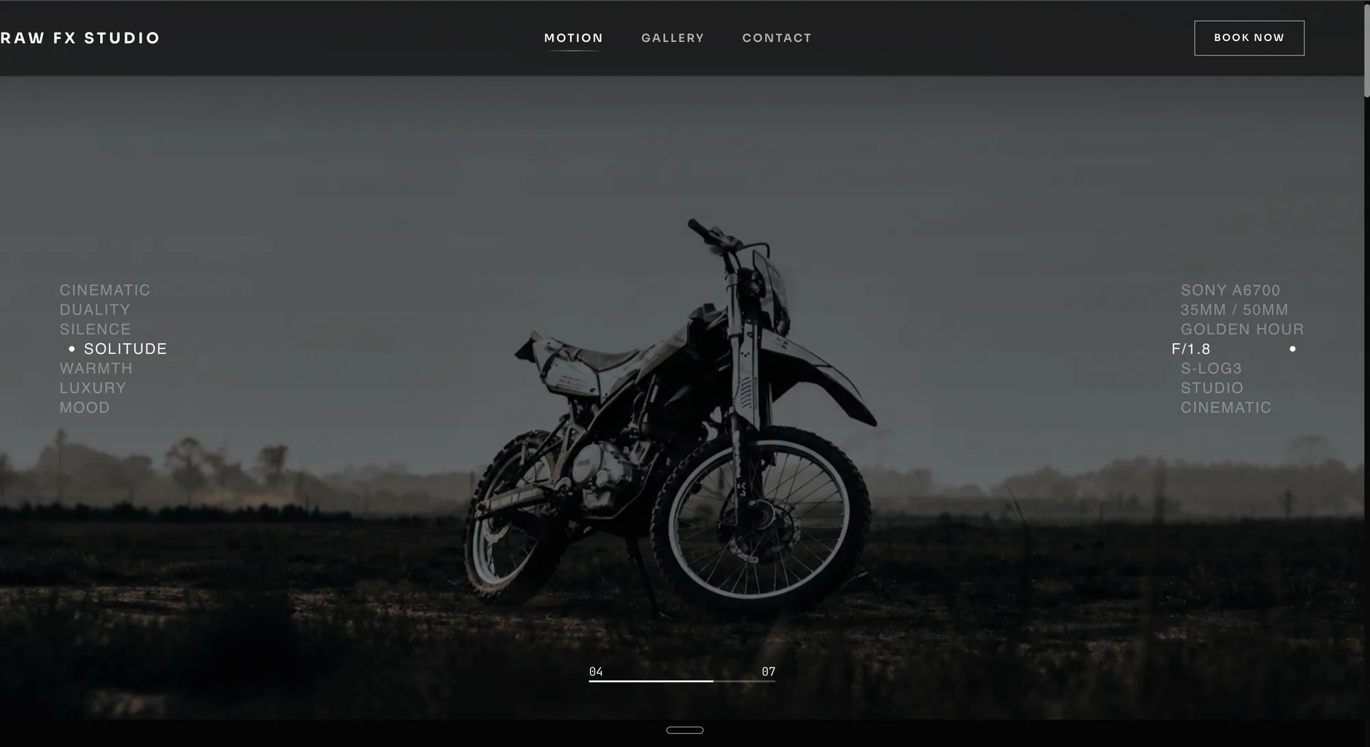 Raw FX Studio motion gallery showing golden-hour compositions